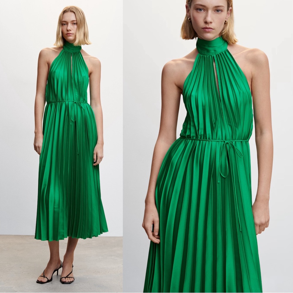 MANGO NWT BLOGGER FAVE Green Pleated Tie Neck Halter Midi Dress Sz 8 - Picture 9 of 17